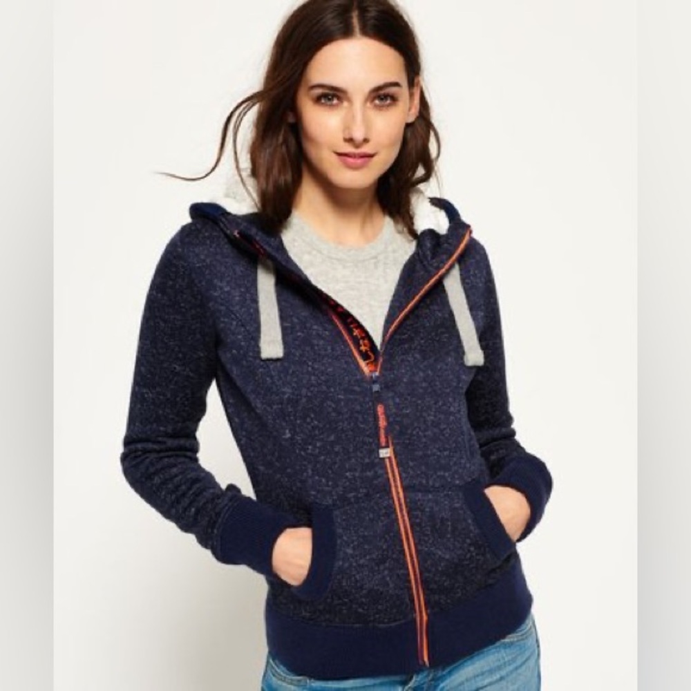 Superdry Women's‎ Storm Full Zip Fleece Hoodie Embroidered Logo Navy XL